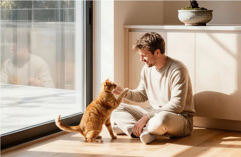 Chat roux jouant avec un utilisateur Yomy dans une cuisine ensoleillée